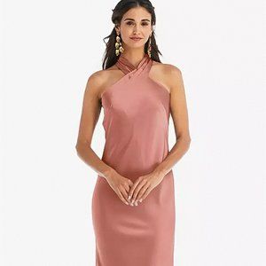 Dessy LB026...Draped Twist Halter Tie-Back Midi Dress...Desert Rose...Size L